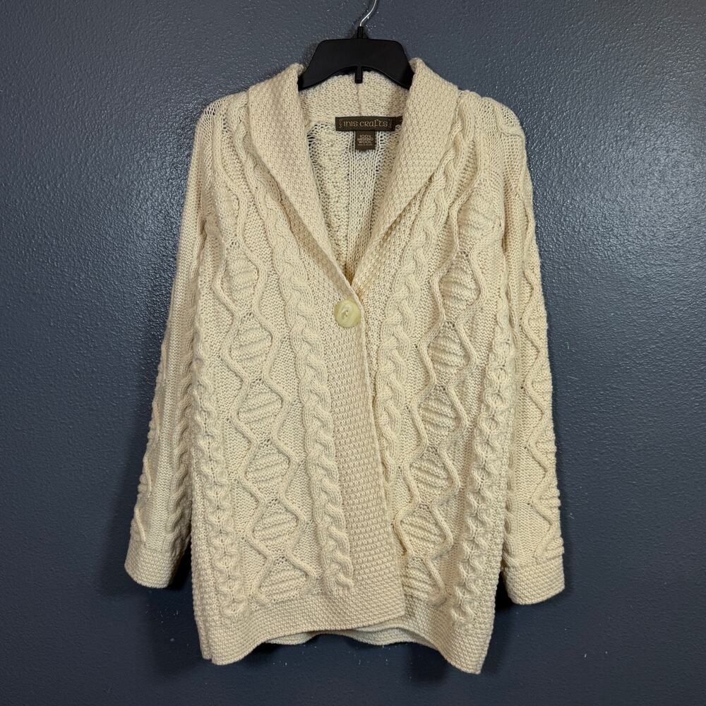 Iris L women ivory vintage knitted cardigan sweater made in Ireland Merino wool